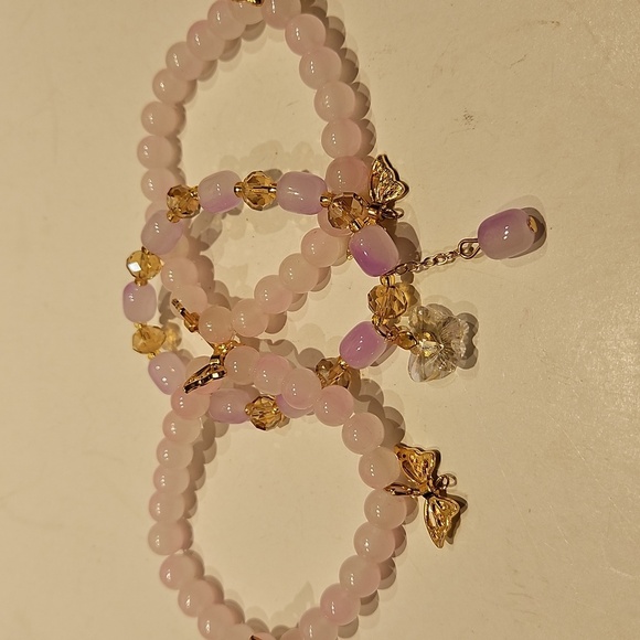 3 Pale Pink Glass, Crystal & Butterfly Accents Stretch Beaded Bracelet Set - Picture 4 of 7